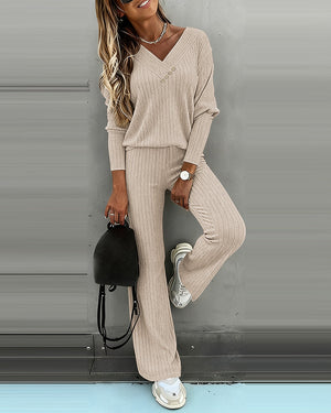 Women’s Ribbed Knit Lounge Set V-Neck Top & Pants