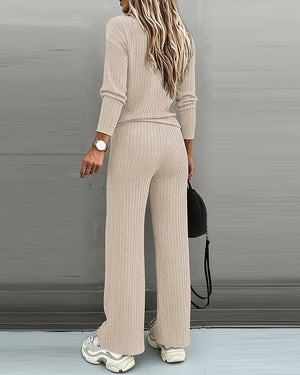 Women’s Ribbed Knit Lounge Set V-Neck Top & Pants