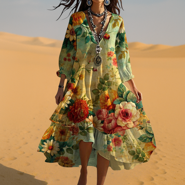 Women’s Boho Floral Flowing V-Neck Maxi Dress