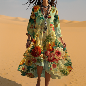 Women's Vintage Bohemian Floral Midi Dress with Flowing Hem