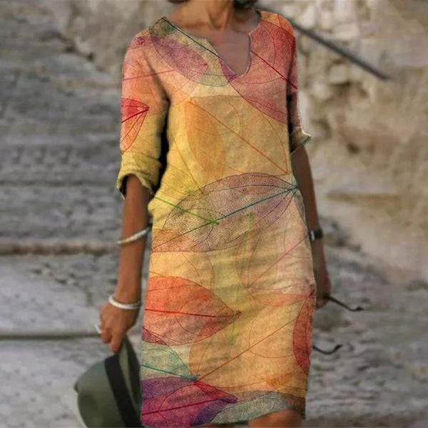 Women’s 3/4 Sleeve Floral Print V-Neck Midi Dress