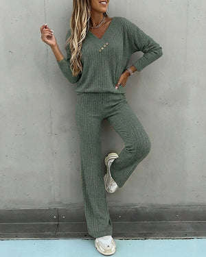Women’s Ribbed Knit Lounge Set V-Neck Top & Pants