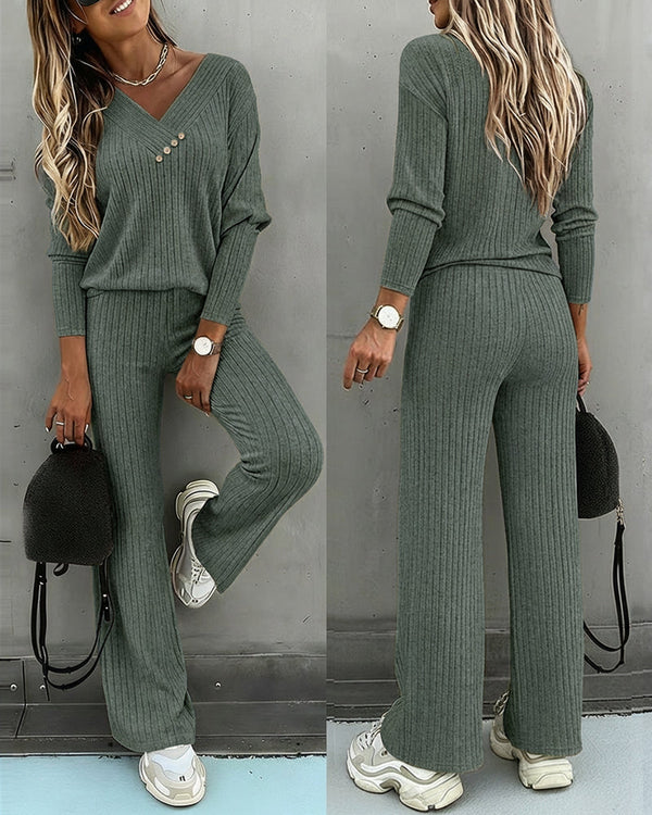 Women’s Ribbed Knit Lounge Set V-Neck Top & Pants