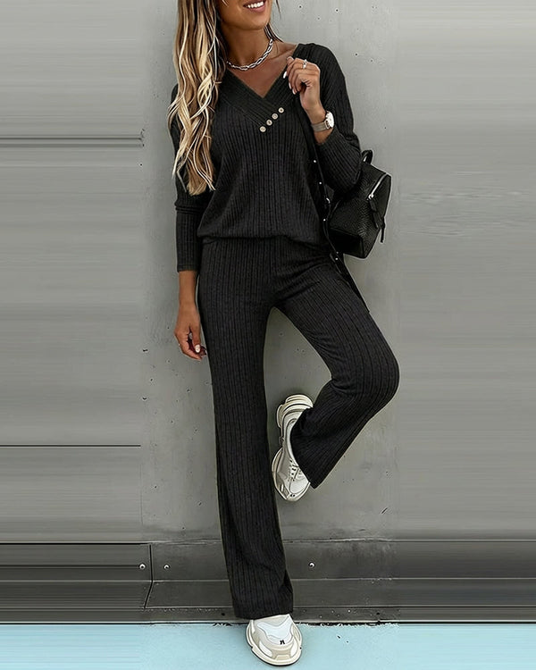 Women’s Ribbed Knit Lounge Set V-Neck Top & Pants