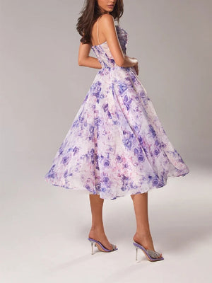 Vestido Midi Sin Tirantes con Estampado y Corte Acampanado para Mujer