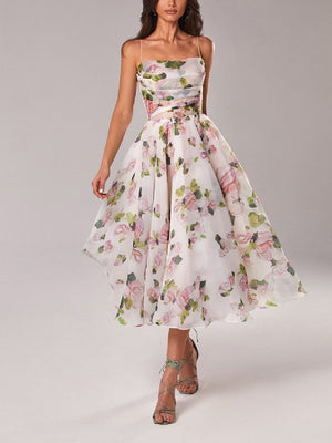 Women’s Strapless Floral Midi Dress with Flared A-Line Silhouette