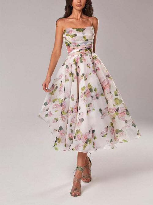 Women’s Strapless Floral Midi Dress with Flared A-Line Silhouette