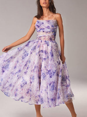 Vestido Midi Sin Tirantes con Estampado y Corte Acampanado para Mujer