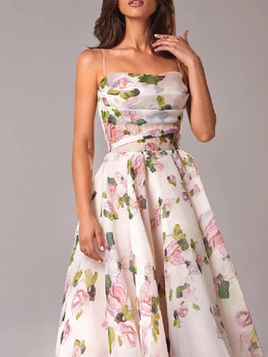 Vestido Midi Sin Tirantes con Estampado y Corte Acampanado para Mujer
