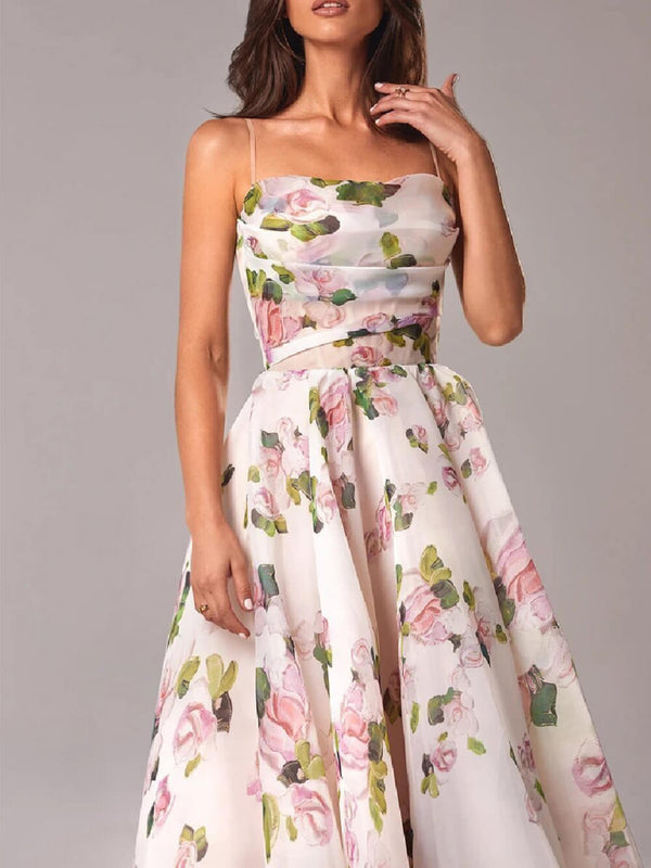 Vestido Midi Sin Tirantes con Estampado y Corte Acampanado para Mujer