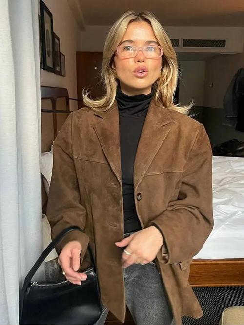 Stylish Brown Suede Oversized Trench Coat with Wide Lapel for Autumn/Winter