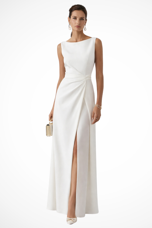 Women’s Sleeveless Maxi Dress with Side Ruched Waist and High Slit Detail