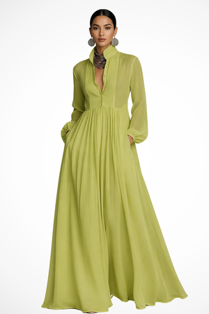 Vestido Maxi de Manga Larga con Botones y Bolsillos para Mujer