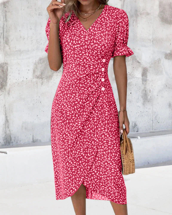 Women’s Floral Wrap Midi Dress with Ruffle Sleeves