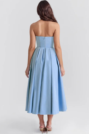 Women’s Strapless Flowy Midi Dress with Flared Skirt
