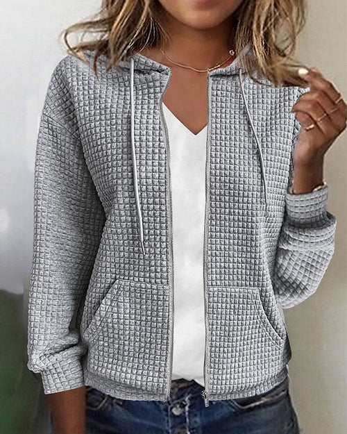 Women's Relaxed Fit Textured Zip-Up Jacket Hoodie