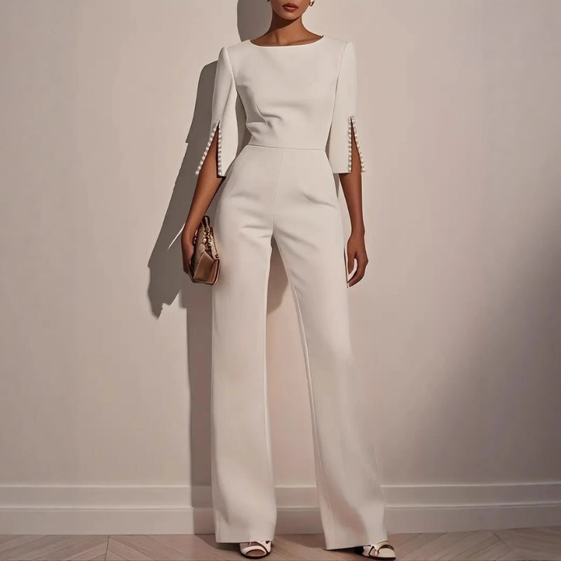 Mono de noche elegante para mujer con pierna ancha y mangas capa