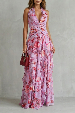 Vestido largo de mujer con cuello halter y estampado floral