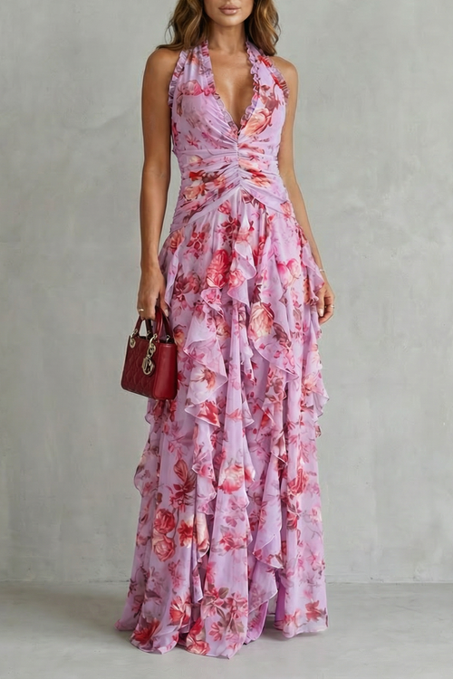 Vestido largo de mujer con cuello halter y estampado floral