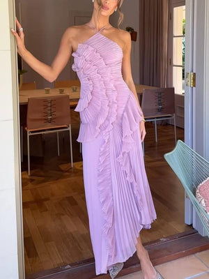 Women’s One-Shoulder Ruffle Maxi Dress with Asymmetrical Hem