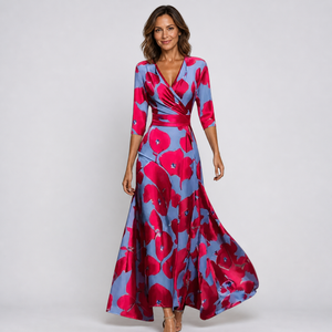 Women’s Floral Wrap V-Neck Long Sleeve Flowing Maxi Dress