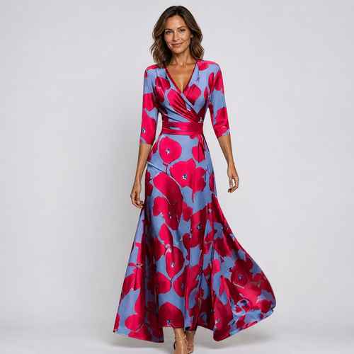 Women’s Floral Wrap V-Neck Long Sleeve Flowing Maxi Dress