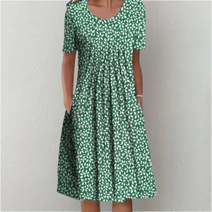 Women's Floral Print Midi Dress with Short Sleeves and Flowy Silhouette