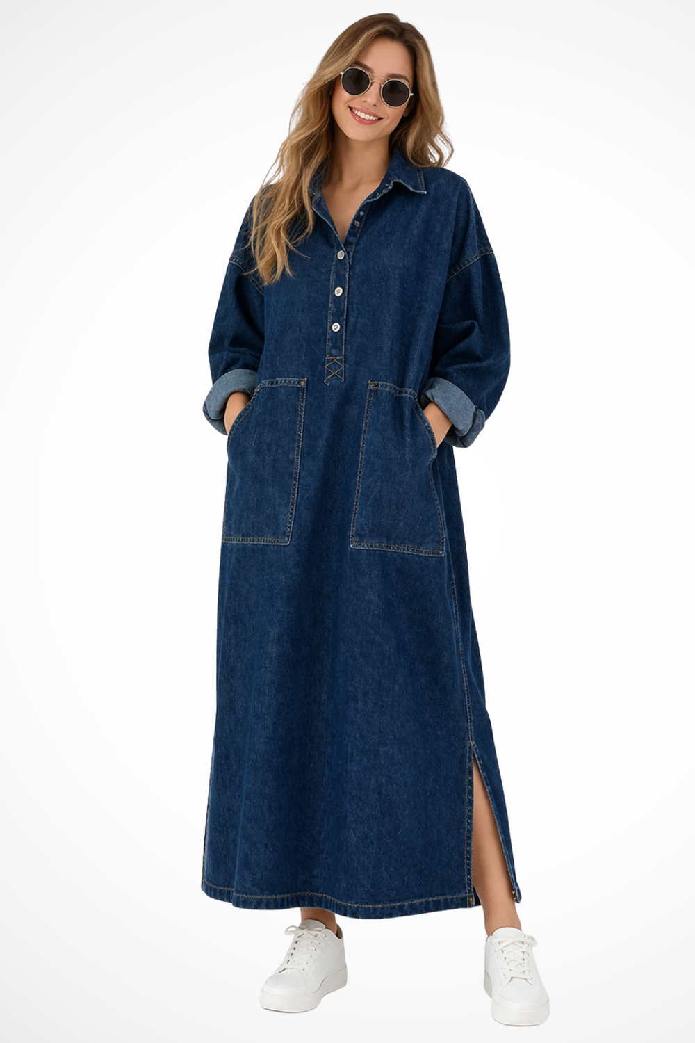 Women’s Oversized Denim Maxi Shirt Dress with Button Front
