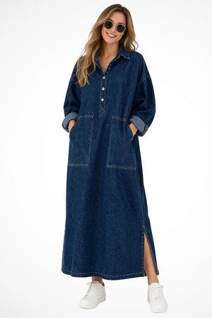 Women’s Oversized Denim Maxi Shirt Dress with Button Front