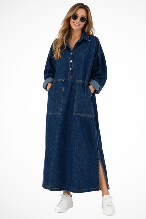 Women’s Oversized Denim Maxi Shirt Dress with Button Front