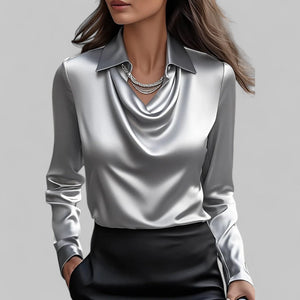 Draped Neck Satin Blouse with Long Sleeves