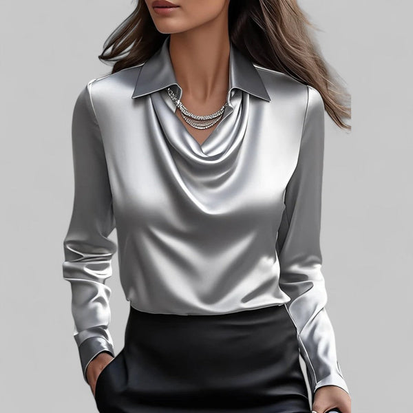 Draped Neck Satin Blouse with Long Sleeves