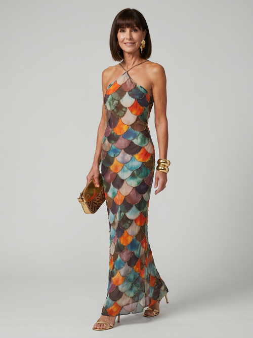 Women’s Multicolor Scallop Print Halter Neck Maxi Dress