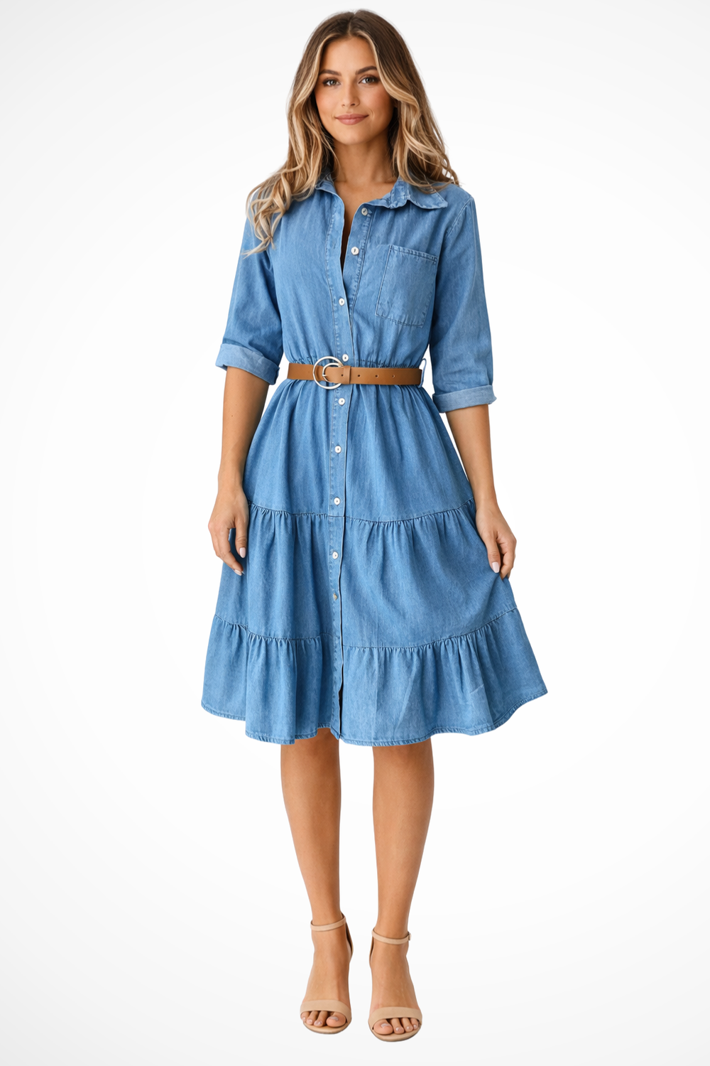 Women’s Denim Button-Front Tiered Midi Dress