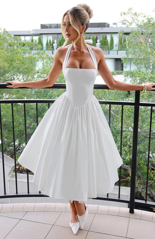 Vestido midi elegante de corte evasé en línea A para mujer