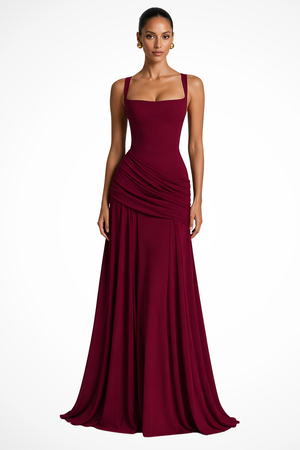 Women's Square Neck Ruched Maxi Dress with Side Slit