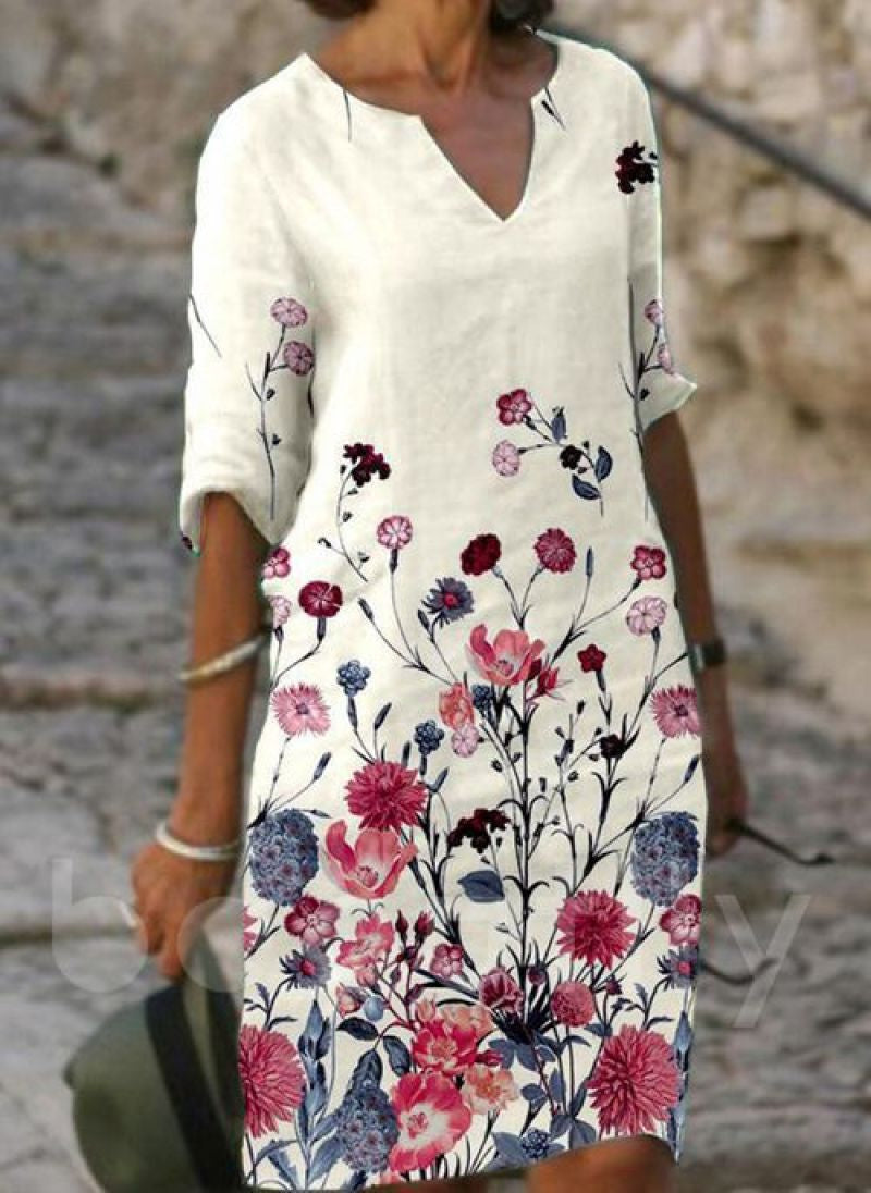 Women’s 3/4 Sleeve Floral Print V-Neck Midi Dress