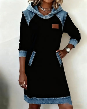 Women's Denim Midi Dress with Hood and Pockets