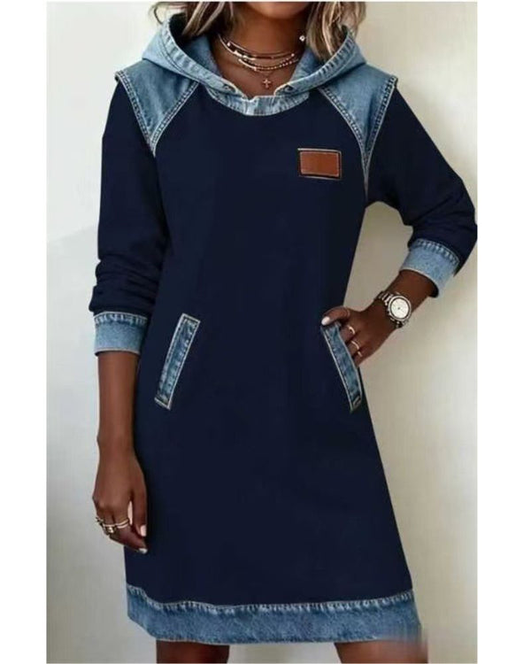 Women's Denim Midi Dress with Hood and Pockets