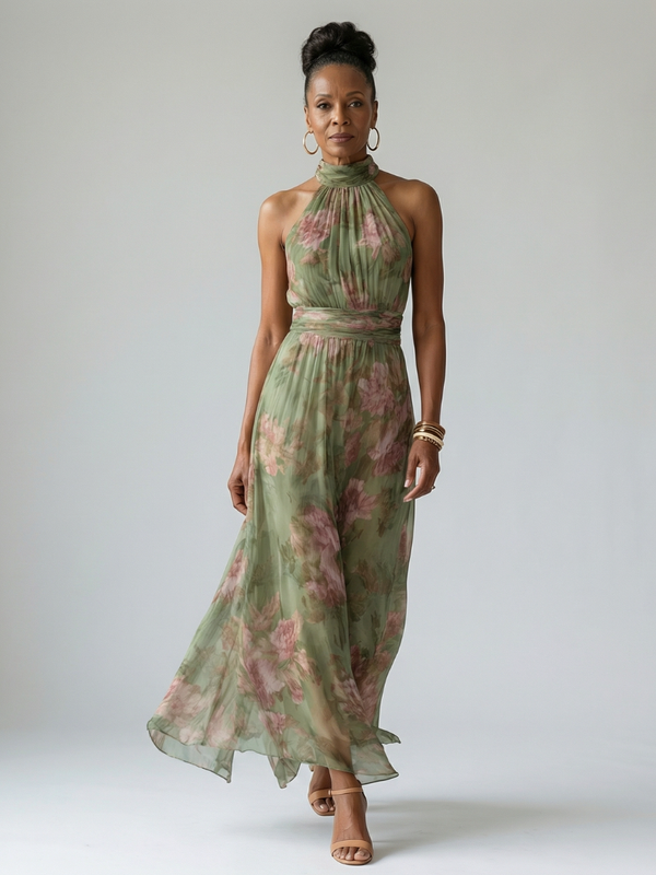 Women’s Floral Halter Maxi Dress with Waist Tie