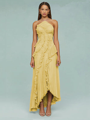 Women’s One-Shoulder Ruffle Maxi Dress with Asymmetrical Hem