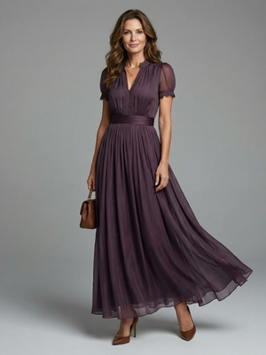 Women's Romantic Purple Maxi Dress with Sheer Puff Sleeves
