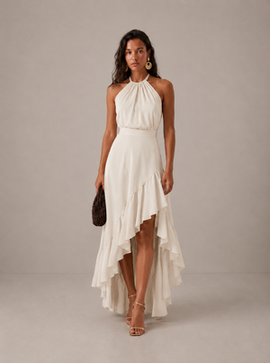 Women's Halter Midi Dress with Asymmetric Ruffle Hem