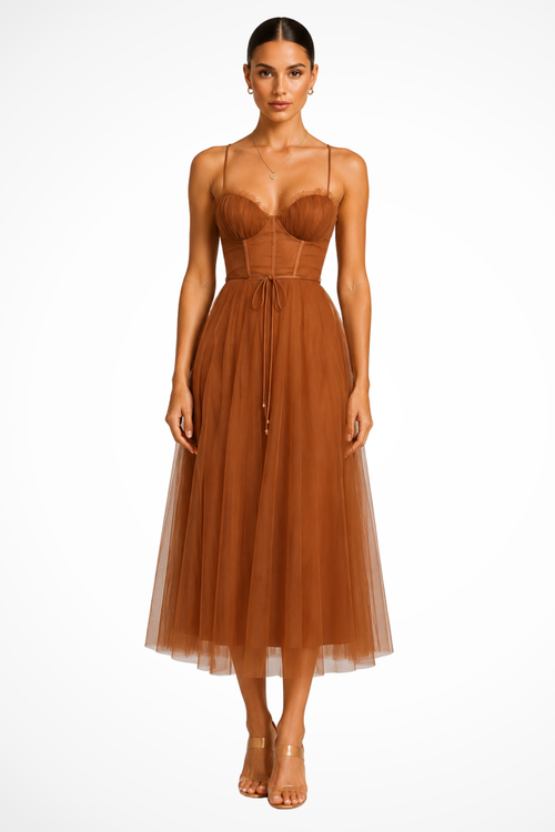 Women’s Corset Sweetheart Neck Tulle Midi Dress
