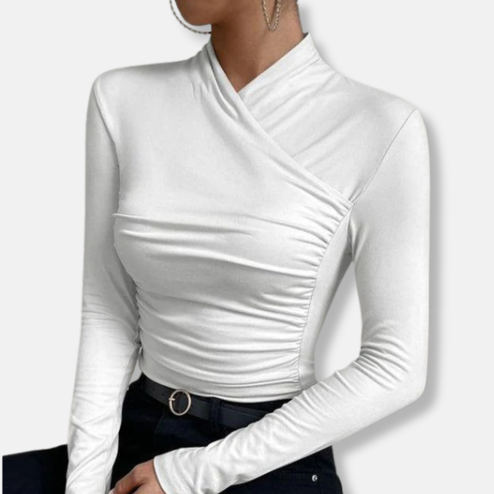 Top asimétrico con fruncido y cuello alto de manga larga para mujer