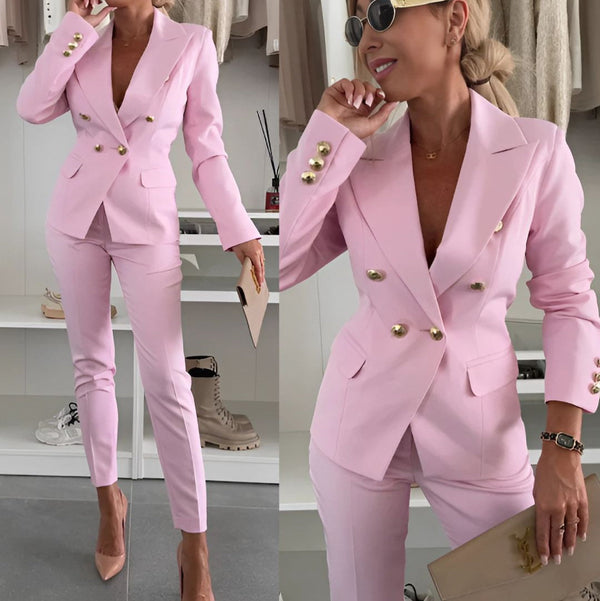 Chic Double-Breasted Blazer & Slim Pants Set for Women
