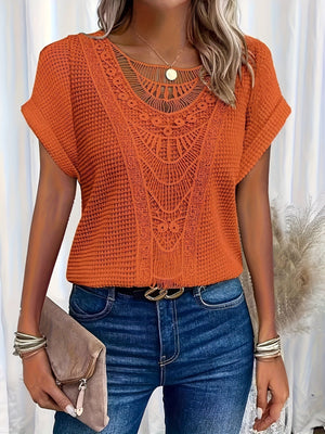 Women’s Crochet Detail Short Sleeve Casual Knit Top