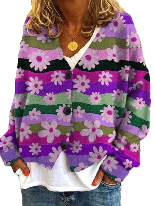Women's Floral Color Block V-Neck Knit Sweater