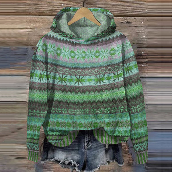 Women’s Vintage Fair Isle Hooded Sweater Cozy Nordic Pullover