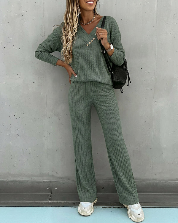 Women’s Ribbed Knit Lounge Set V-Neck Top & Pants
